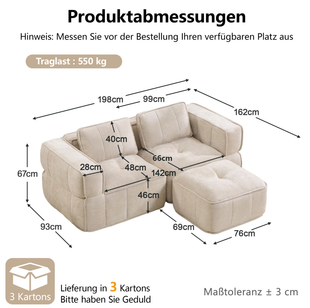Divano modulare angolare con pouf 198x162x67 cm in poliestere beige