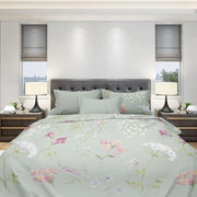 Set di coperte a letto 135 x 200 cm, 2 pezzi, con 1 cuscino coprente 80 x 80 cm, cotone respirante con chiusura a righello, set di coperte a letto, verde, grigio, fiori, morbido e