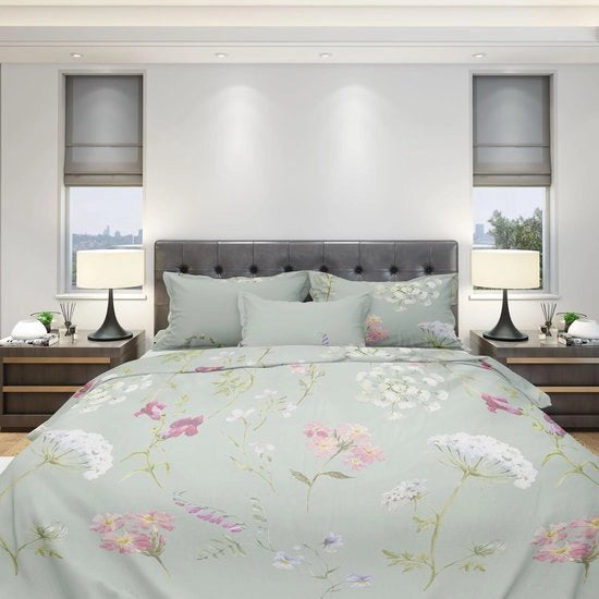Set di coperte a letto 135 x 200 cm, 2 pezzi, con 1 cuscino coprente 80 x 80 cm, cotone respirante con chiusura a righello, set di coperte a letto, verde, grigio, fiori, morbido e