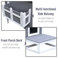 Cuccia per Gatti Rialzata con Balconcino e Tetto Impermeabile da Giardino Legno 115x66.5x74.7cm Grigio