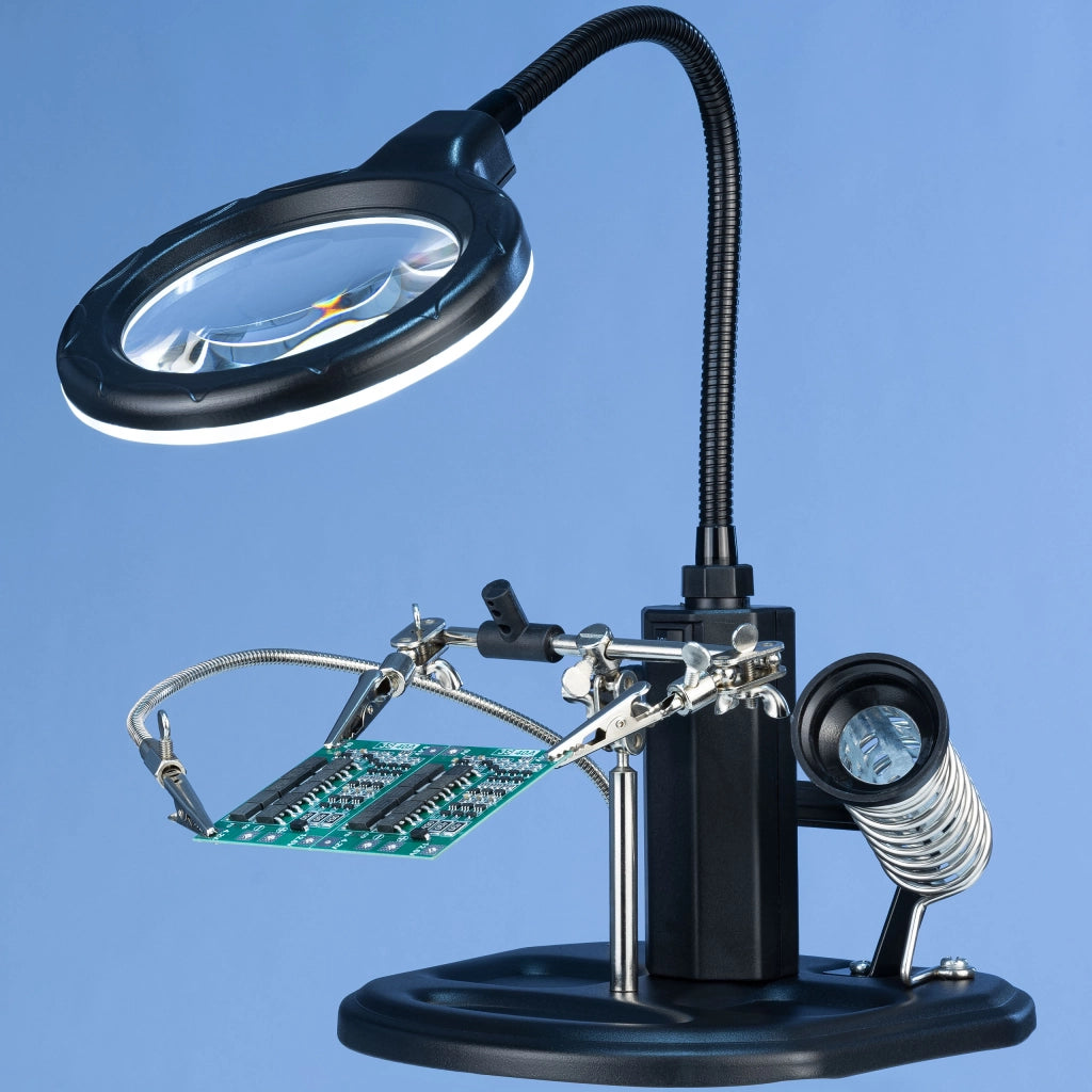 Terza Mano con Lente d'Ingrandimento LED TE-802 – Base Stabile, Braccio Flessibile | Ø85 mm, 2.5x + 4x
