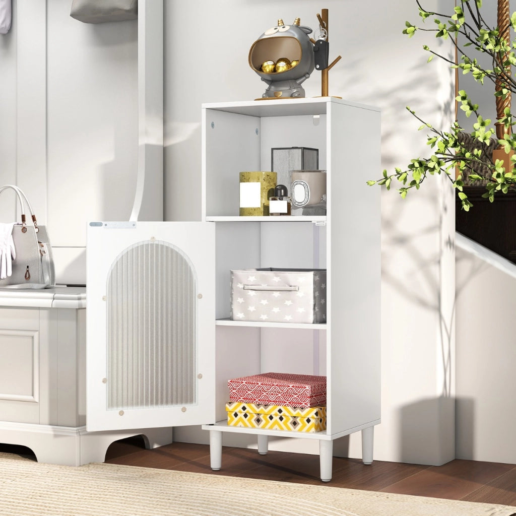 Armadietto da bagno con anta in vetro temperato, Mobile laterale in legno con ripiano regolabile e kit anti-ribaltamento Bianco-Armadi da parete