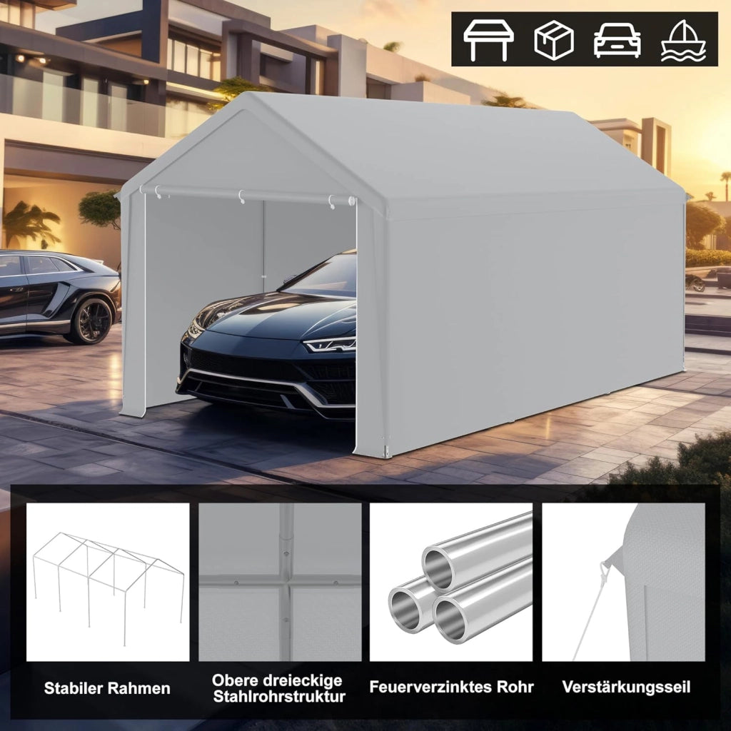 Carport, tenda da campeggio, 3 x 6 m, grande tenda da garage con pareti laterali rimovibili, resistente all'inverno, per auto, SUV, camion, grigio