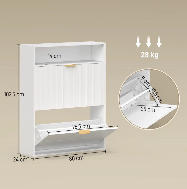 Scarpiera ULEVR 80x24x102,5 cm con 2 vani a ribalta e ripiano superiore, bianca