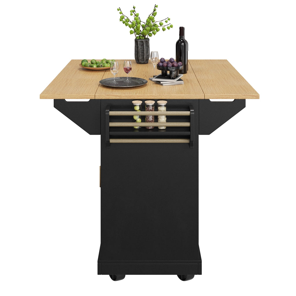 Carrello da cucina pieghevole con 3 cassetti, 2 ante, ruote e piano apribile in MDF e metallo nero