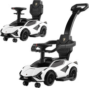 3 in 1 Auto da Spinta, Auto Scorrevole con Paracolpi e Manubrio Rimovibili Musica e Fari, Spazio di Stoccaggio Nascosto e Ruote Universali Staccabili, Bambini 18-24 Mesi (Bianco)
