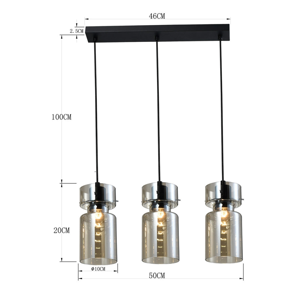 Lampada sospensione nera, vetro fumé 50cm 3xE27 Nivio