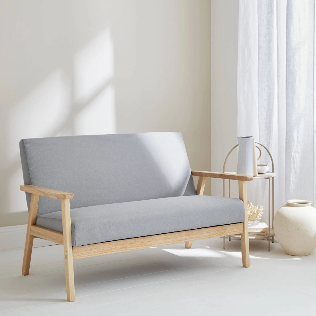 Divano stile scandinavo in legno e tessuto, 2 posti, grigio chiaro