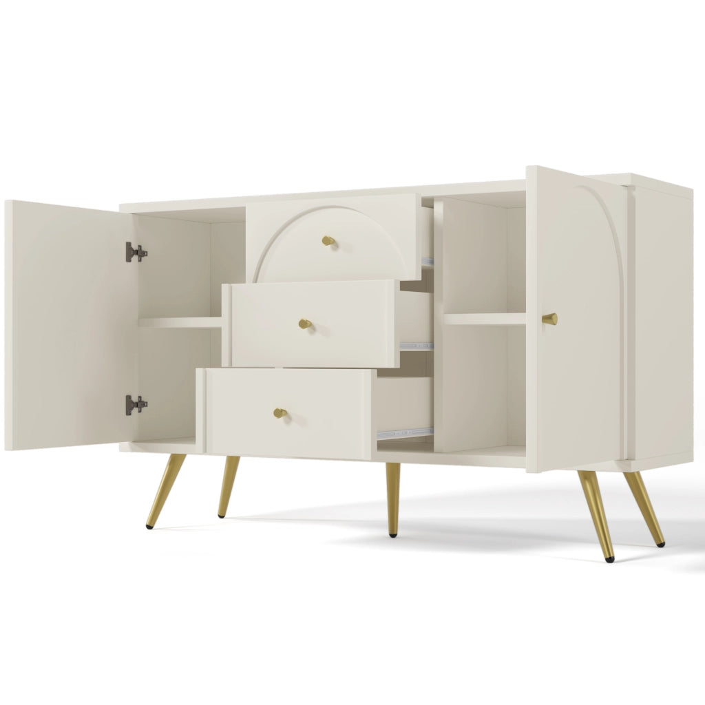 Cassettiera con 2 ante e 3 cassetti, colore crema bianco, con ripiano regolabile, H84/B140/T40 cm