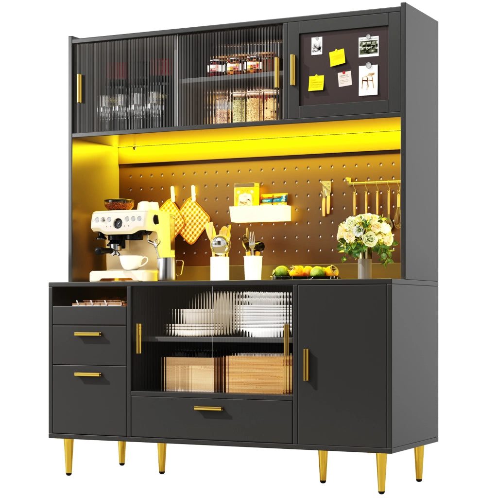 Buffet 140x40x180 cm con illuminazione LED e ante scorrevoli in vetro; MDF; nero