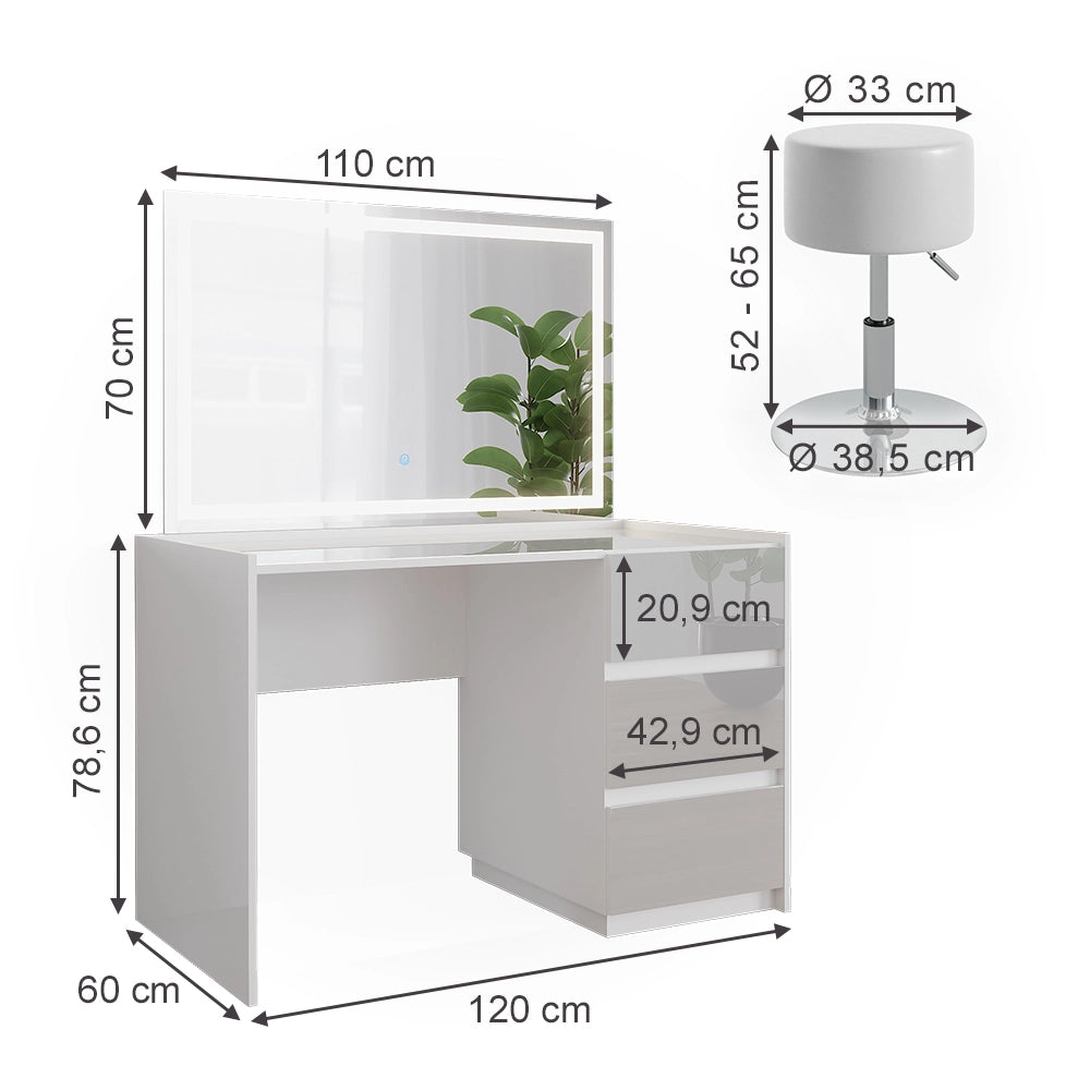Vicco Tavolo da toilette Bianco lucido 120 cm con specchio LED e sgabello