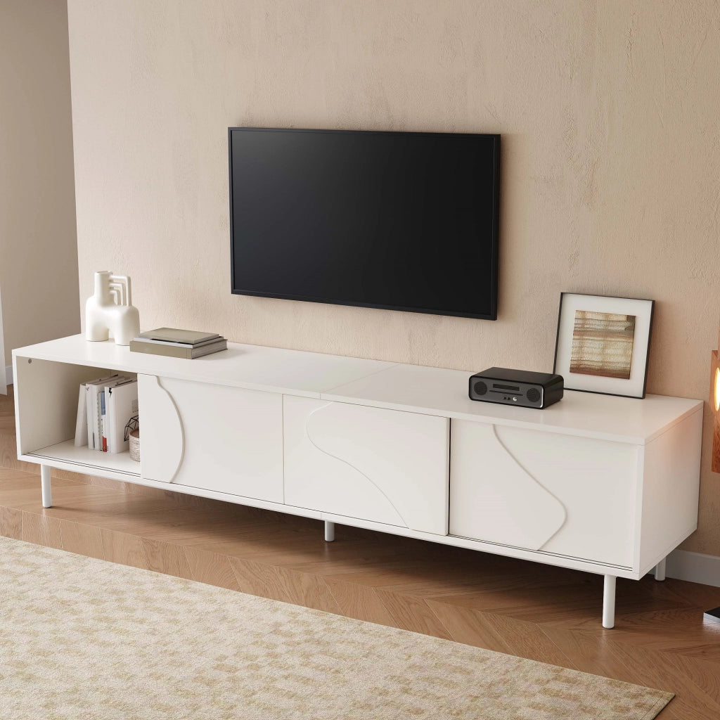 Mobile porta TV con 3 ante scorrevoli, ripiano in vetro e LED, per soggiorno, in MDF e metallo, bianco, 180 × 40 × 45 cm