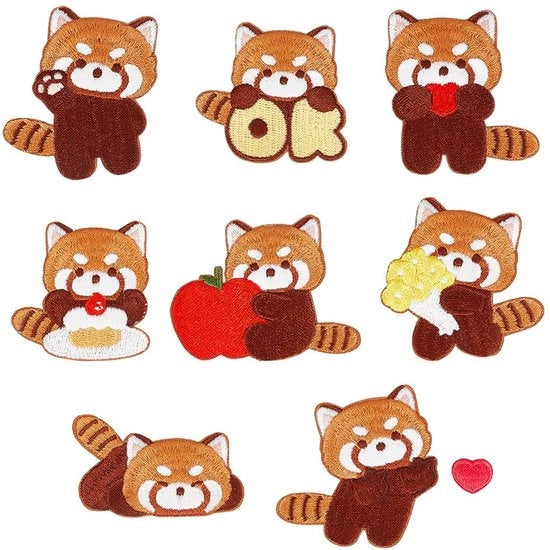 Pannelli applicabili op strokkato - 8 pezzi - Panda rosso - Disegni cartoon allegri - Feltro reso - Per abbigliamento/borse - Taglie miste - Pannelli di stoffa