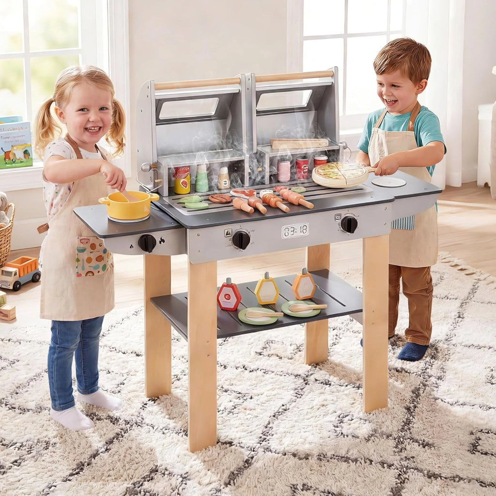Set di Gioco per Barbecue in Legno per Bambini, Gioco di Griglia per Bambini con 2 Grill, Coperchi Ribaltabili, Ricchi Accessori e Cibi Giocattolo, per Bambini 3+ Anni
