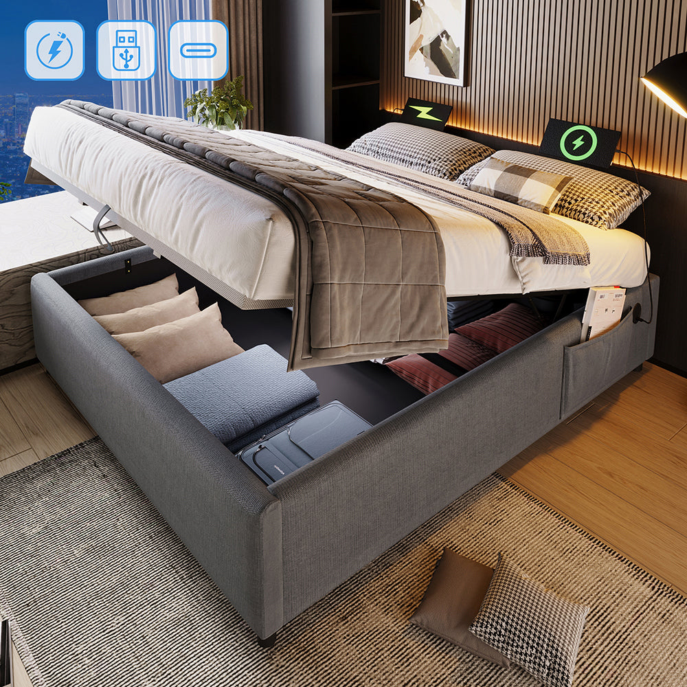 Letto imbottito con USB-C - Xylo - 140x200 cm - Grigio senza testiera