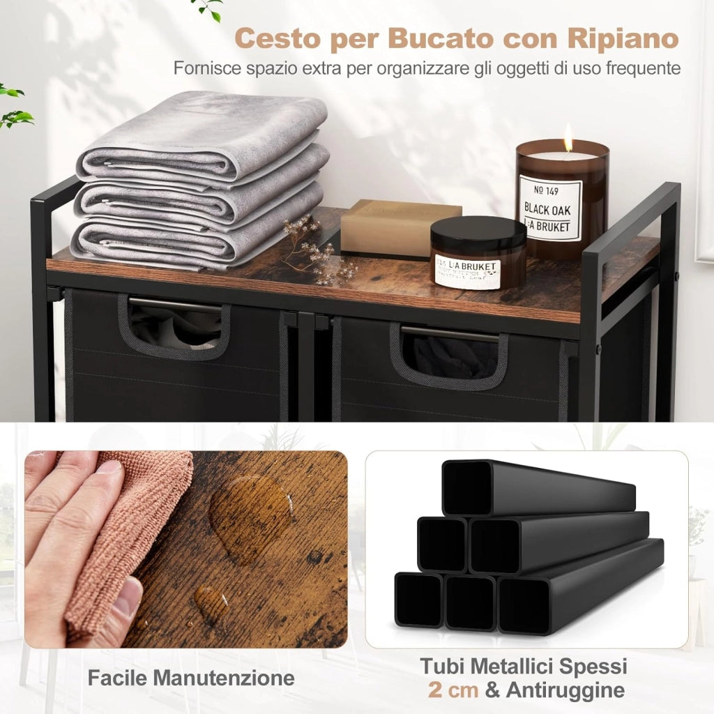 Cesto Portabiancheria Salvaspazio, Portabiancheria con Piano e 2/3 Sacche Estraibili e Rimovibili, Cesta Panni Sporchi con 2/3 Scomparti per Lavanderia Bagno (3 Scomparti)