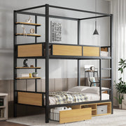 Letto a castello 90x200 cm con doppio ripiano e contenitore in metallo e MDF nero e naturale