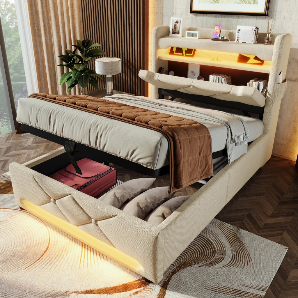 LETTO Contenitore 90x200 cm Beige Lino con materasso incluso