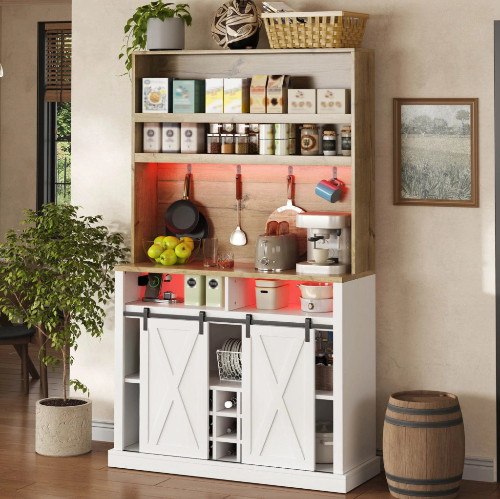 Colonna cucina con LED RGB, prese USB e vetrina, 110x40x191 cm