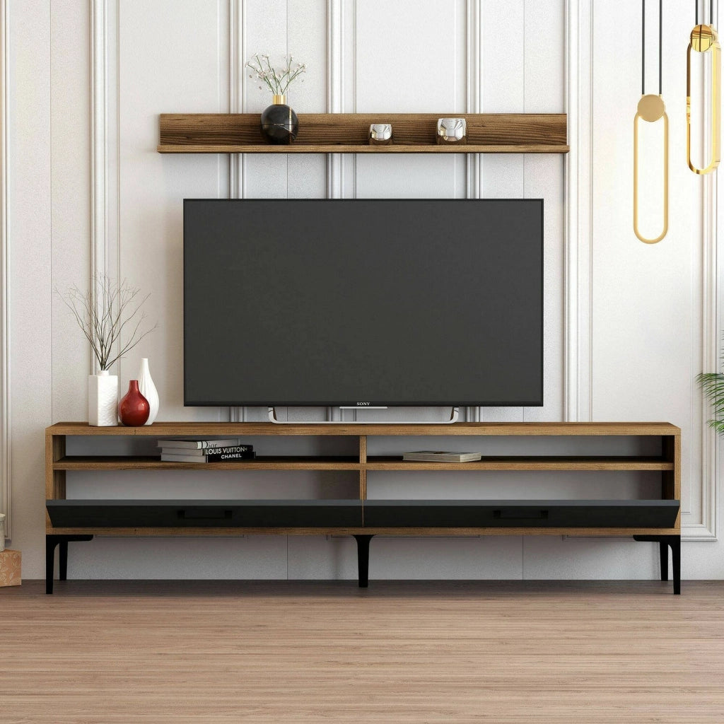 Parete attrezzata Oho, Composizione soggiorno, Mobile salotto multiuso, Armadio porta TV, 180x35h47 cm, Noce e Antracite