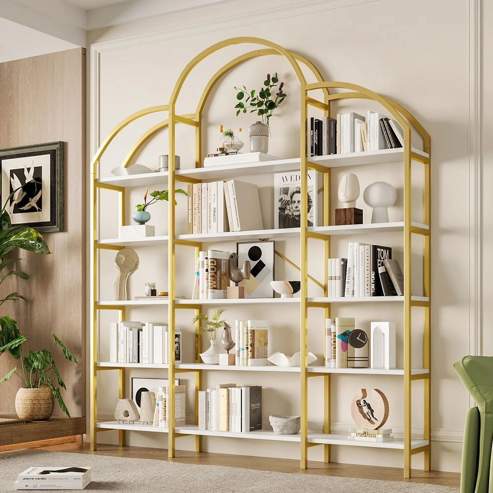 ??tag??re de style simple - Xylo - 170x25x190 cm - Dor?? + blanc - Tube acier MDF 5 niveaux forme nuage facile ?? monter