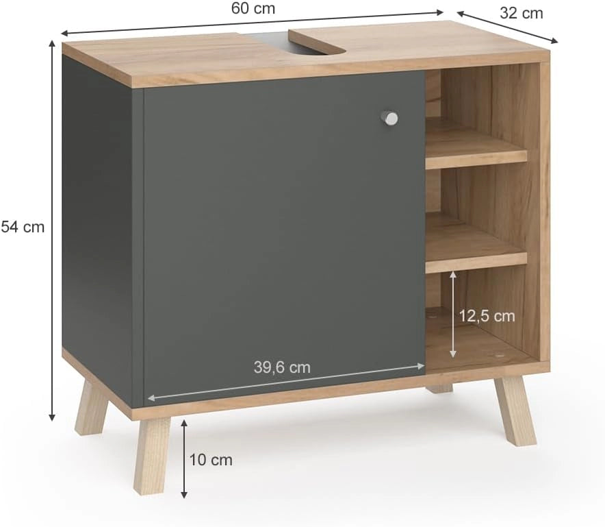 Mobile sottolavabo per bagno Senyo, Antracite, 60 x 54 cm, adatto al montaggio a parete e combinabile con mobili Senyo