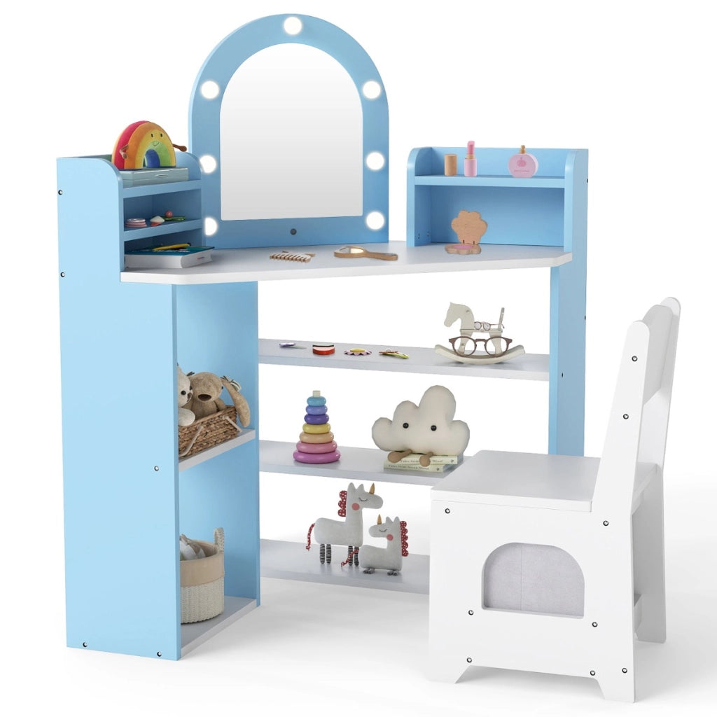 Tocador per bambini con luci set toeletta e sedia principessa con 3 mensole-Tocador per bambini con 5 scomparti aperti Blu
