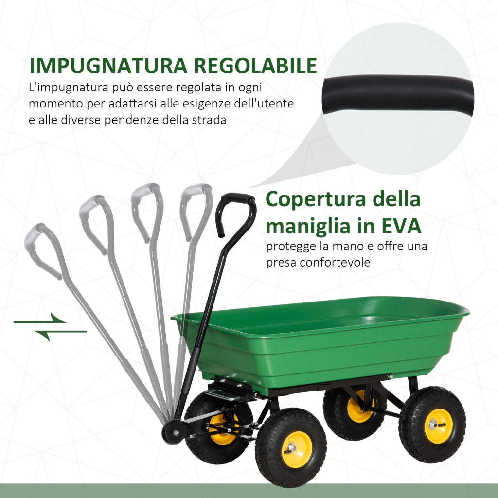 EasyComfort Carrello da Giardino 75L in Acciaio e PP con Vasca ribaltabile e Maniglia, 109x52x94 cm, Verde