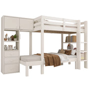 Letto a Castello 90x200 cm con LED; Armadio; Ripiani e Cassetti in Metallo e Legno Bianco