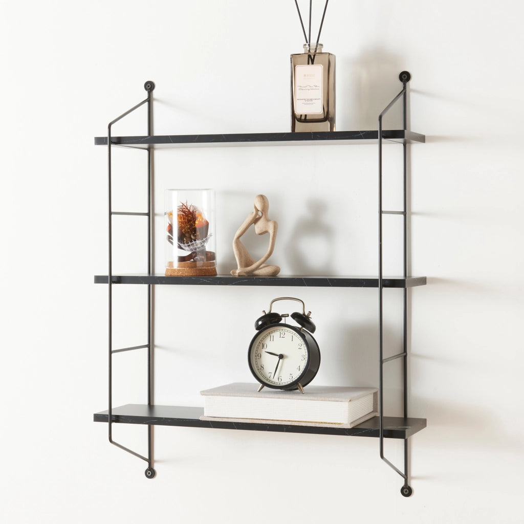 Scaffale da Parete Ösel a 3 Ripiani Regolabili 48 x 15 x 63.5 cm Effetto Marmo Nero / Nero [en.casa]