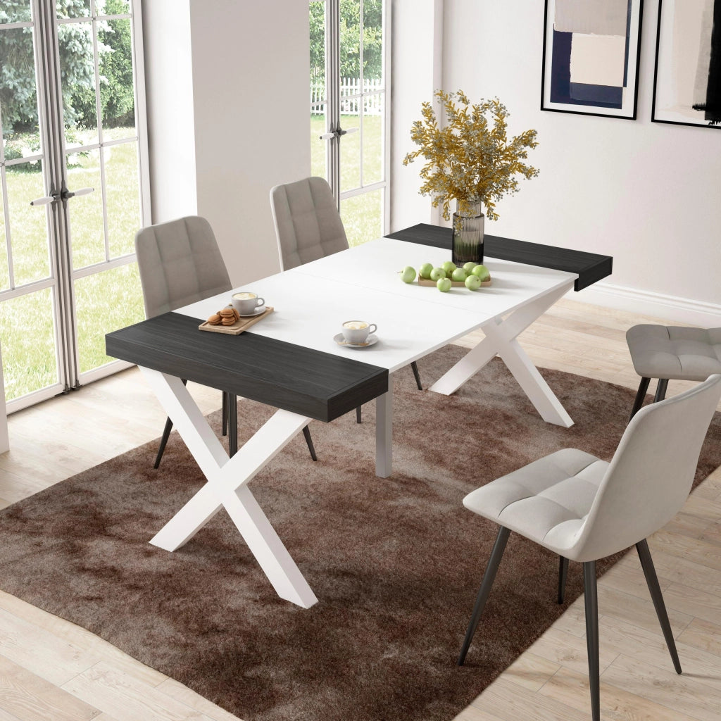 Consolle allungabile, 58 fino 180x90x73cm, Per 8 persone, Gambe in legno, Bianco e nero RF2768