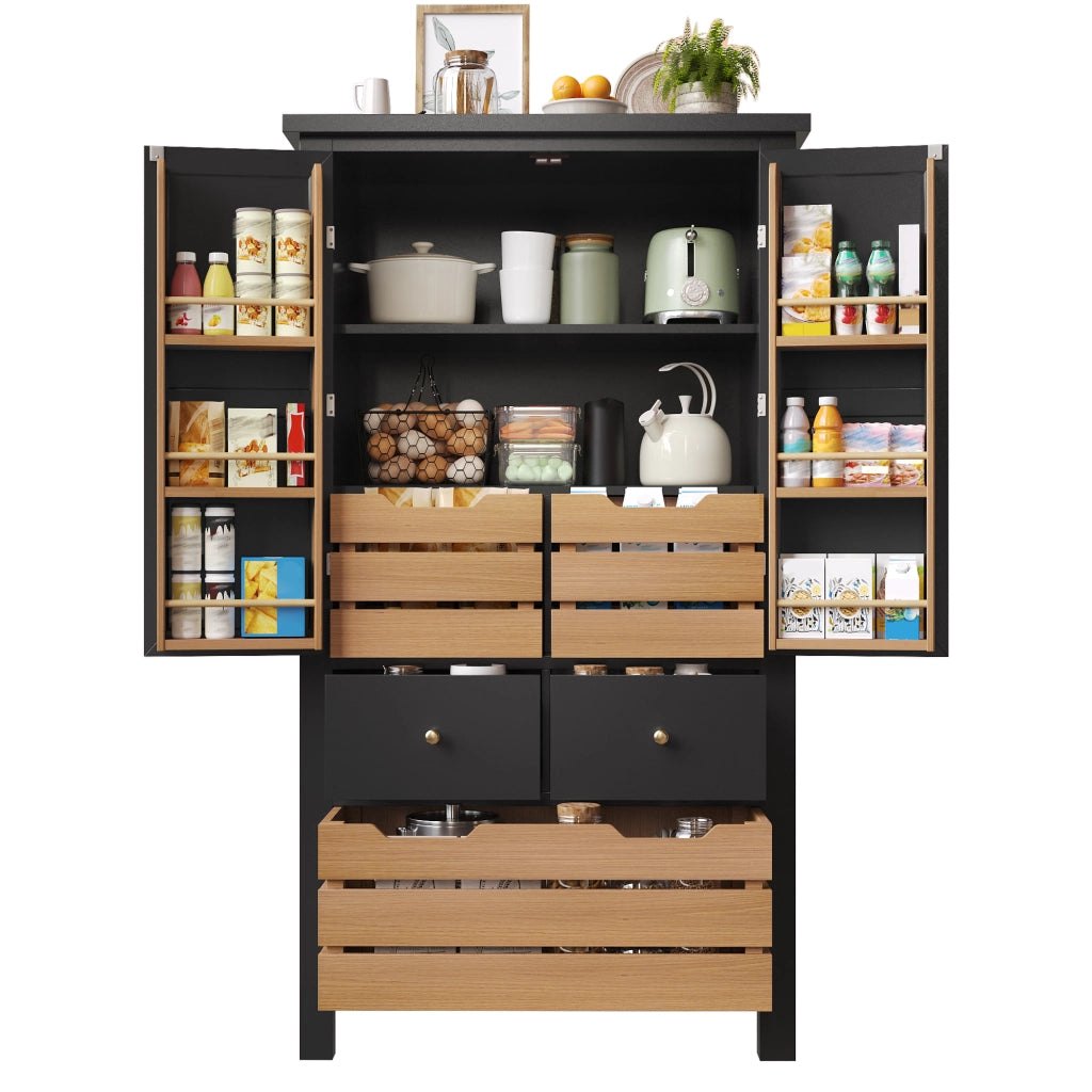 Credenza da cucina 80x40x140 cm con 5 cassetti e doppia anta, mobile multiuso nero