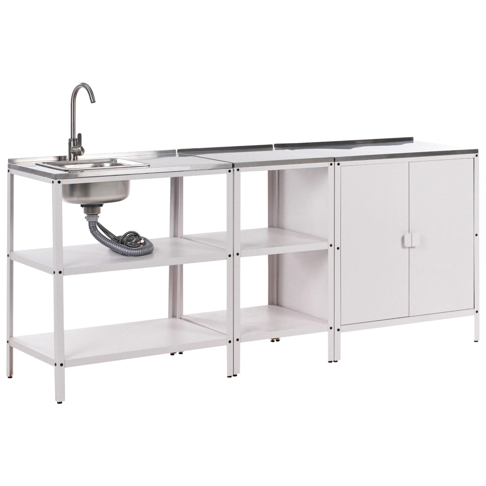 Set cucina da esterno 3 elementi in acciaio bianco 2 armadietti portaoggetti e lavello leva cucino da esterno