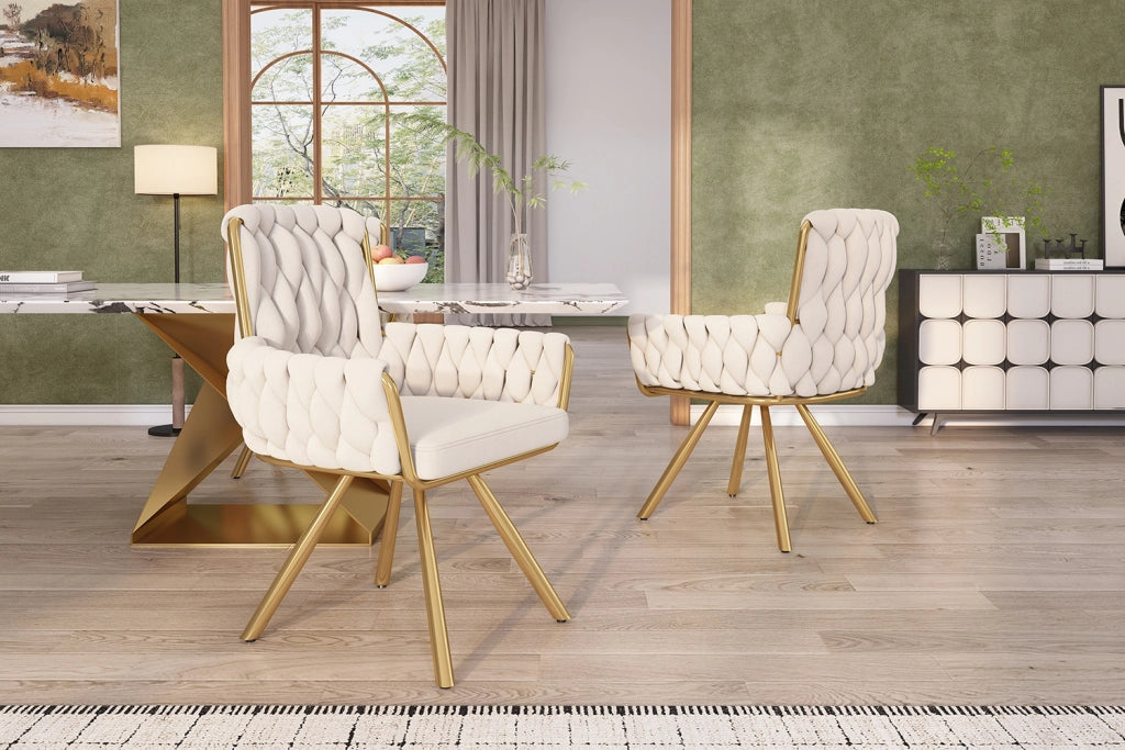 Set 2 sedie da pranzo girevoli in velluto beige con schienale alto, braccioli e struttura in metallo