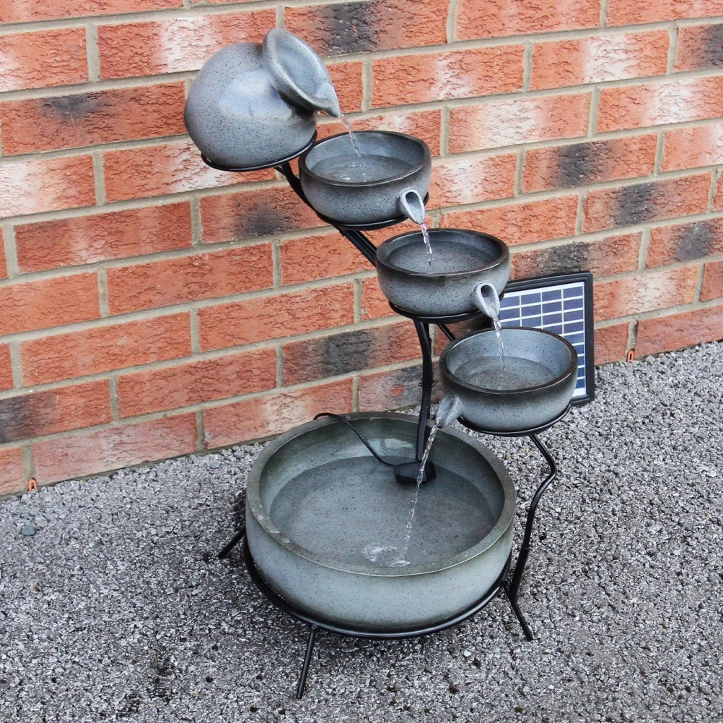Fontana Solare a Cascata da Giardino con Batteria di Supporto da 6 Ore Fontanella con Pannello Solare e Picchetto Fontanella a Vasi Fontana con Ciotole - Grigio