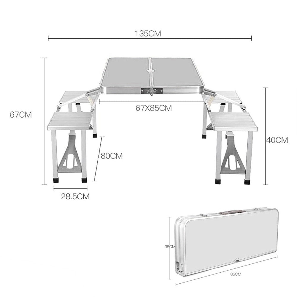 Trade Shop - Set Tavolo Pieghevole In Alluminio Pic Nic Campeggio Portatile Valigia Con Panca A 4 Posti - Argento