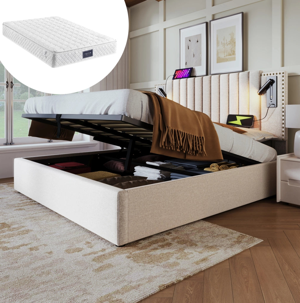Letto matrimoniale 160x200 cm con contenitore; luce da lettura e USB; beige in cotone