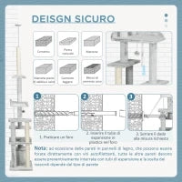 Albero Tiragraffi per Gatti a Soffitto con Piattaforme e Casetta, 60x40x225-255cm, Grigio