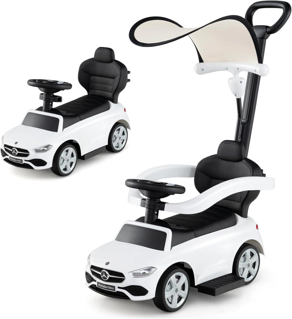 3 in 1 Auto a Spinta, Mercedes-Benz Macchina Cavalcabile, con Schienale Regolabile Suono Barra di Spinta e Tettuccio, per Bambini 18-36 Mesi (Blu)