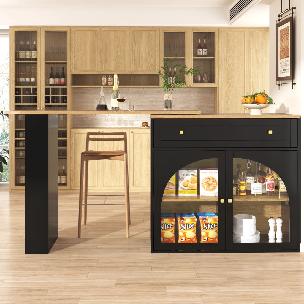 Tavolo Bar Estensibile con 1 Anta in Vetro; 3 Ripiani e Rotazione a 360°; per Cucina; in MDF; Nero; 138×39×104 cm
