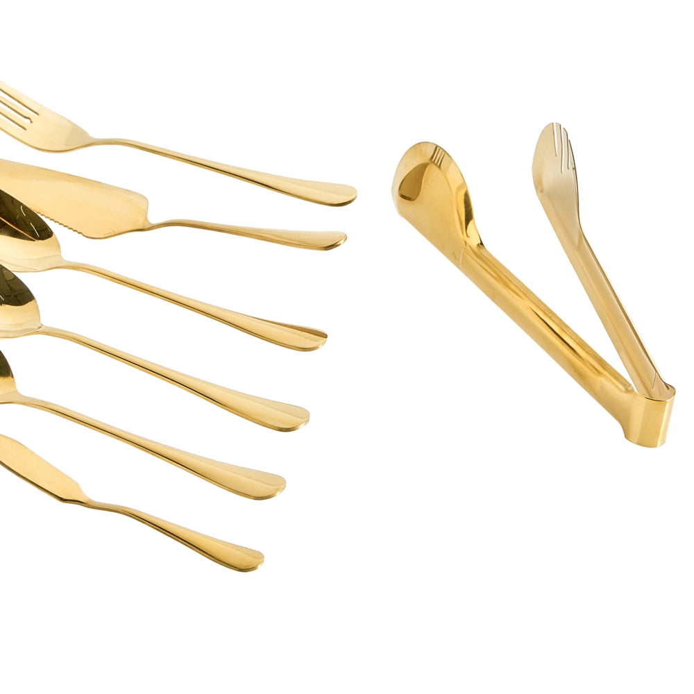 Set di posate 7 pezzi Coltello da burro Forchetta da pesce Forchetta da insalata Paletta da torta Pinze da cucina Cucchiaio da verdure Acciaio inossidabile oro