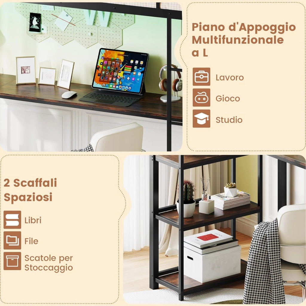 Letto a Soppalco 90 x 200 cm con Scrivania Sotto, Letto a Castello con Luce LED e Stazione di Ricarica, Letto Rialzato Struttura in Ferro con 2 Ripiani per Ragazzi e Ragazze (Nero)