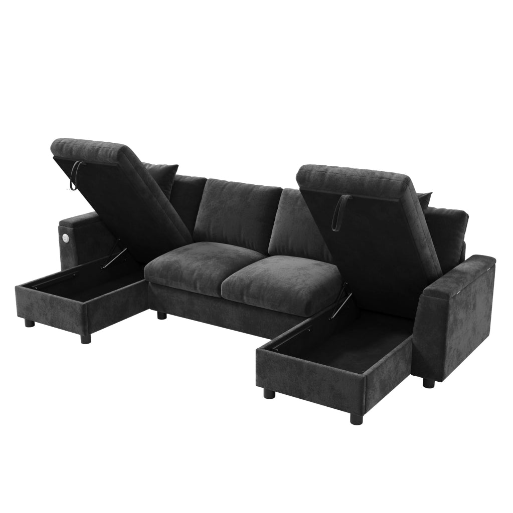 Divano a U ULEVR 279x135x84 cm in ciniglia grigia con 2 chaise longue contenitore, USB e Type-C