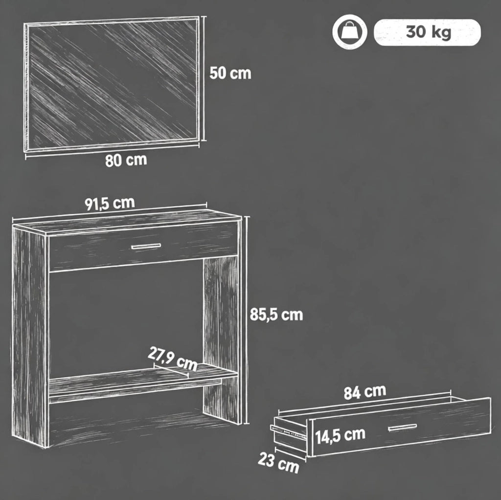 Consolle da ingresso con specchio da parete; cassetto e ripiano; MDF; naturale