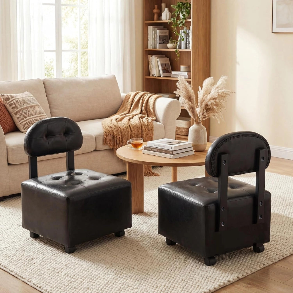 Set 2 Sedie da Salotto con Schienale Trapuntato, 40 X 40 X 55 CM, Seduta Imbottita e 4 Ruote con Freno, Portata 150 KG, Sgabelli Impilabili in Finta Pelle per Soggiorno e Studio (Nero)