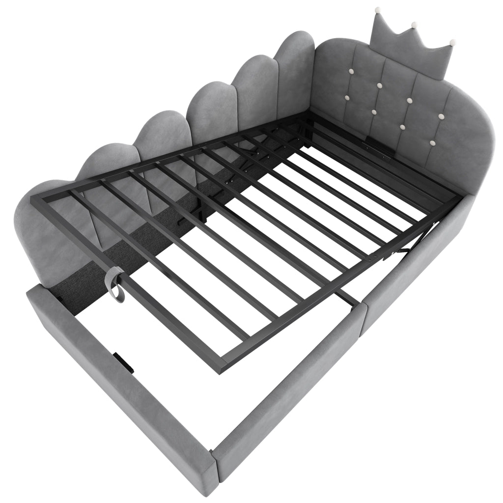 Letto da giorno L con testiera a corona, contenitore idraulico, velluto grigio, 90x190 cm