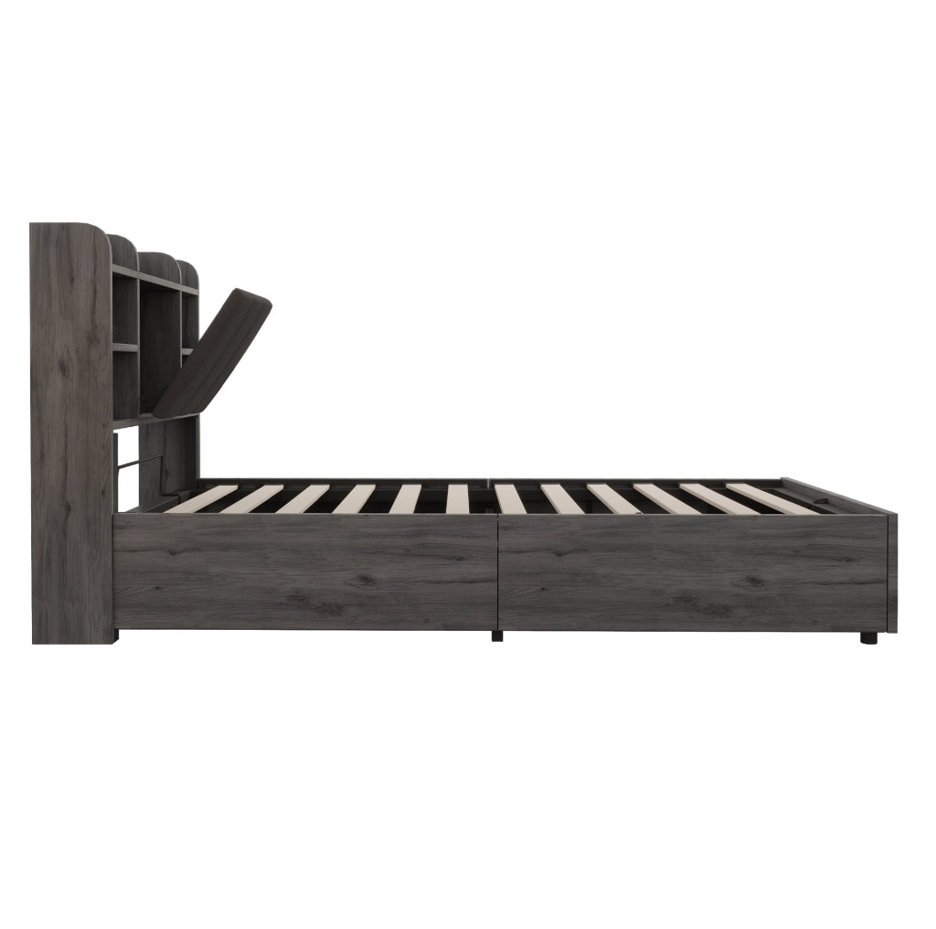 Letto 90x200 cm con contenitore idraulico; testiera con vani e presa USB e Tape-C in MDF grigio