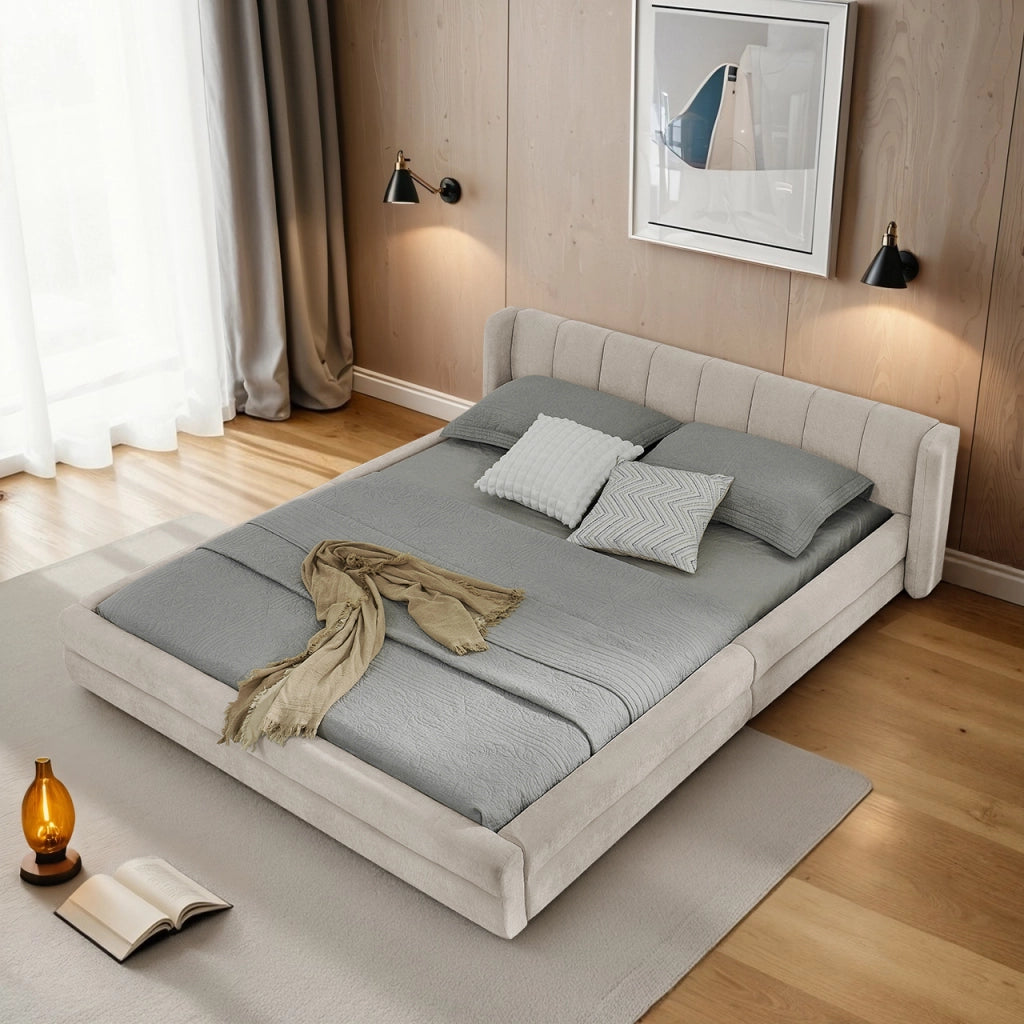 Letto Matrimoniale 160x200 cm; 2 Posti - Testiera Ergonomica; in Chenille - Beige