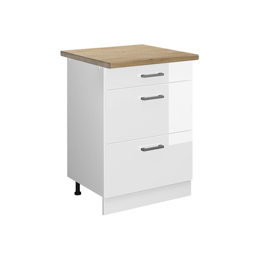 Vicco Mobiletto base per cucina Bianco lucido 60 cm con cassetti, PL Rovere