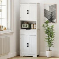 Credenza Cucina con 2 Armadietti e Cassetto, Piano Centrale Aperto e Ripiani Regolabili, Bianco
